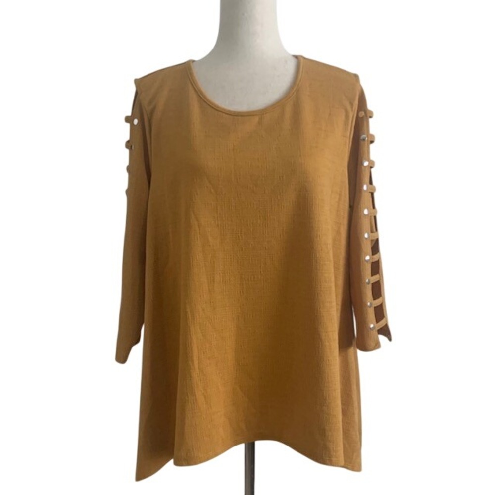Asymmetric Hem Top XL Mustard Yellow Studded Open Sleeve Sharkbite Draped Knit
